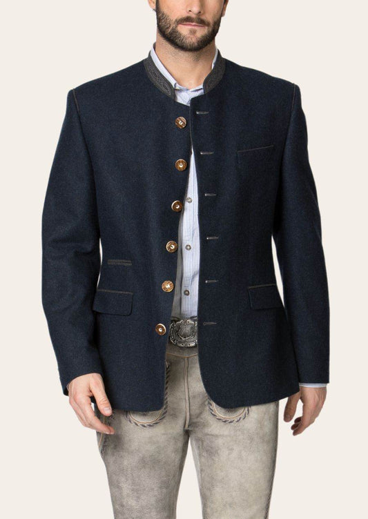 Dark blue janker jacket, gold buttons, front pockets, high collar detail