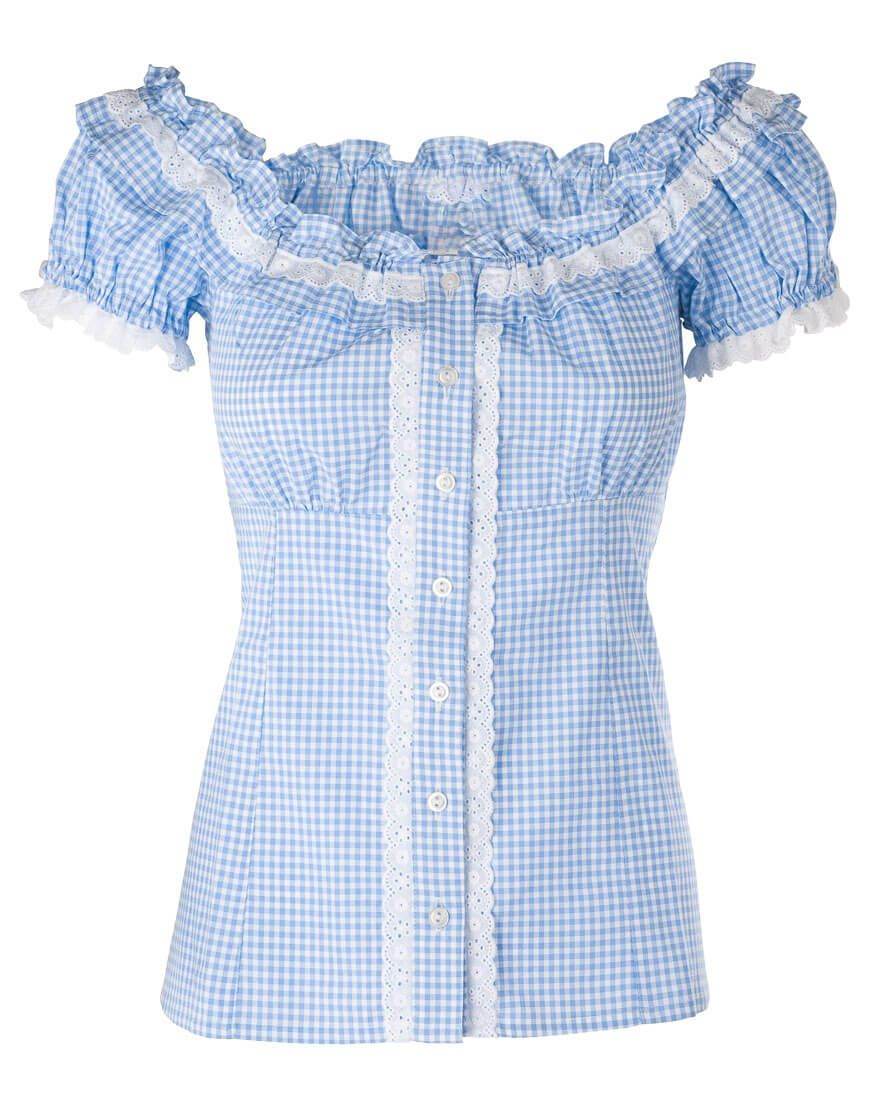 Light blue and white gingham off-shoulder blouse with ruffled sleeves and button placket