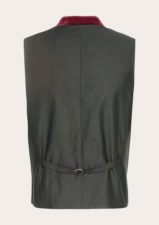Men's alpine-style waistcoat back view, dark green fabric, stand collar, waist belt strap
