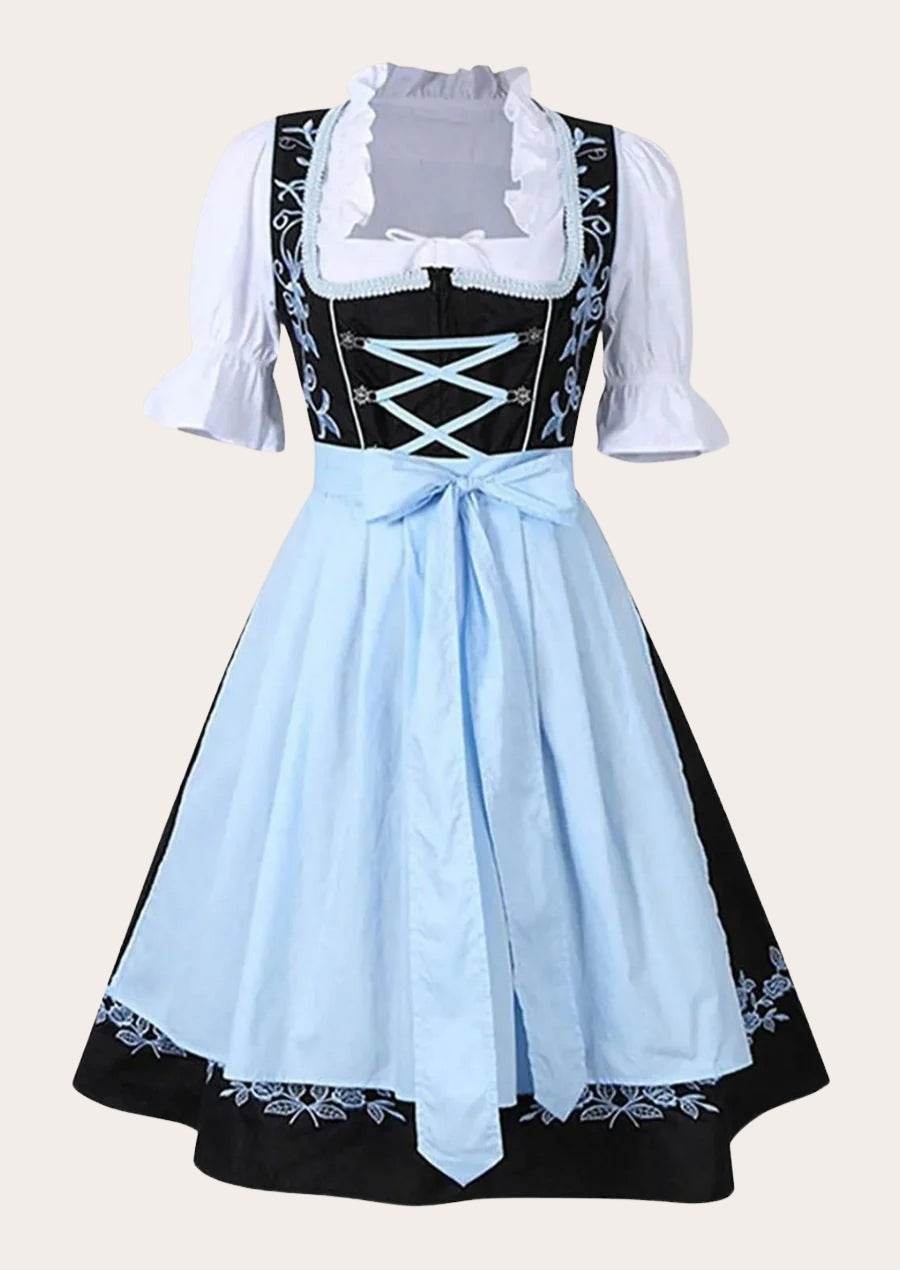 Classic dirndl dress with black corset bodice, light-blue skirt, white puff sleeves