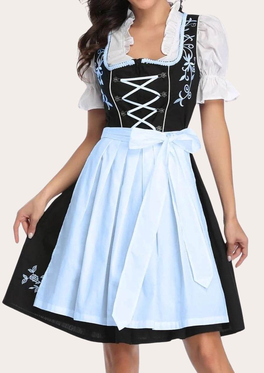 Dirndl dress with black bodice and white lace-up detail, light-blue pleated skirt