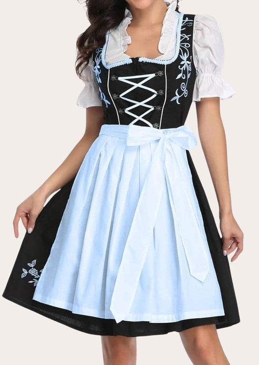 Dirndl dress with black bodice and white lace-up detail, light-blue pleated skirt
