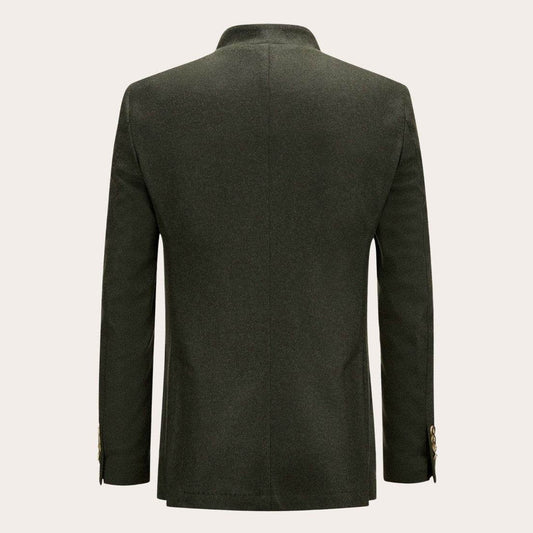 Classic men's traditional jacket dark green, back view with stand collar and long sleeves