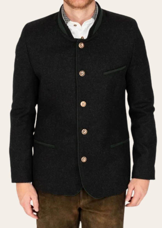 Men's dark wool trachten jacket with patterned inner collar, gold buttons, chest pocket