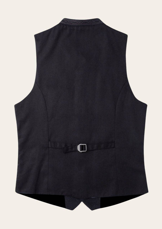 Men's dark blue velvet waistcoat with back yoke and adjustable belt strap