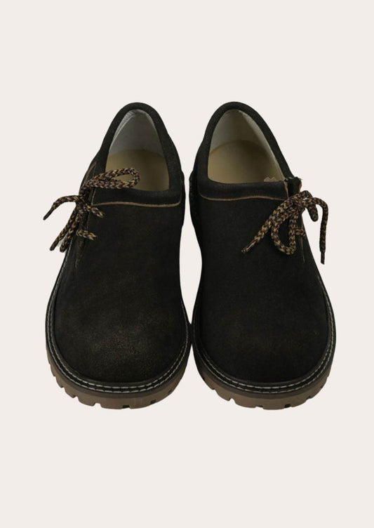 Men's traditional leather Haferl shoes, dark front view with braided bow laces