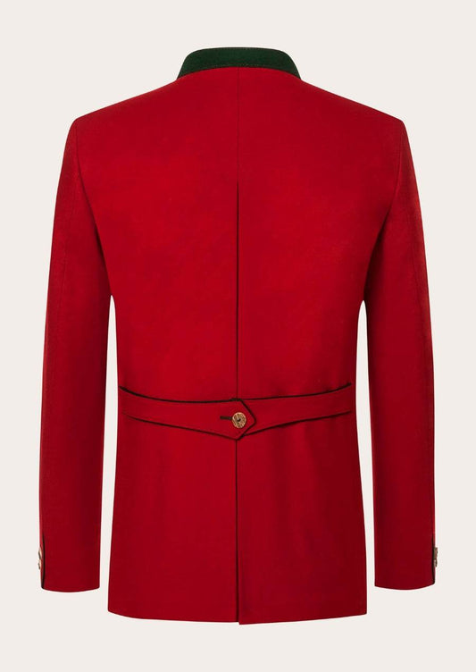 Men's red jacket back view with green waistband trim and center crest
