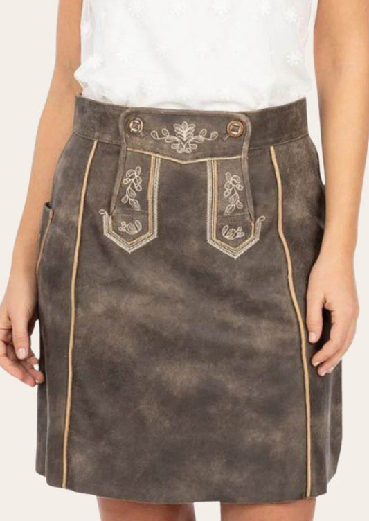 Dark brown leather lederhosen skirt with buttoned waistband and embroidered chest-like motifs