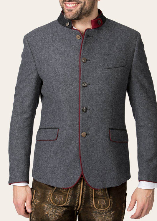 Mens wool jacket, dark gray with red piping, button-front, and two chest pockets.