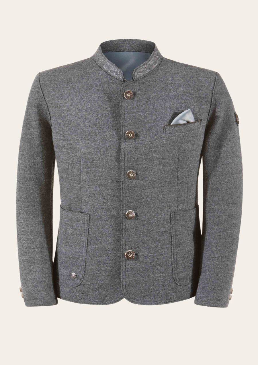 Men's gray button-front jacket with stand collar, chest pocket, and gold-tone buttons