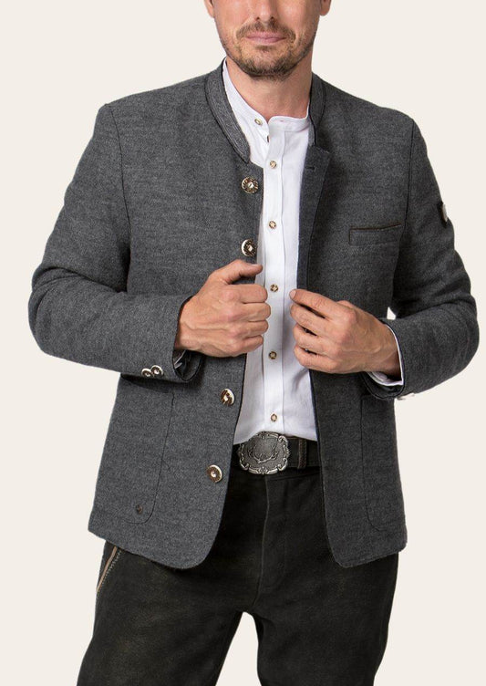 Men's gray jacket with stand collar and gold buttons, shown open over a shirt