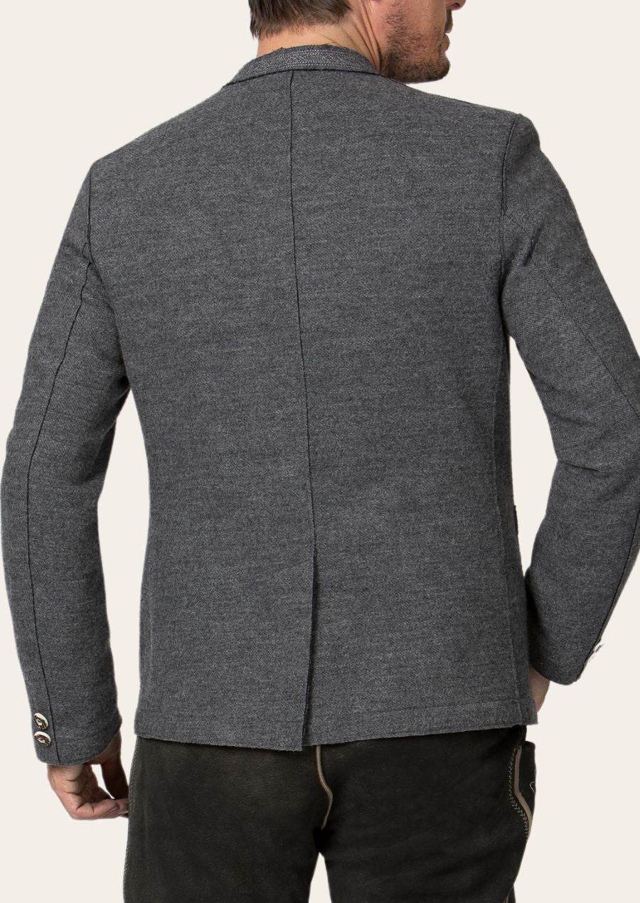 Men's gray jacket back view with center seam and full-length sleeves