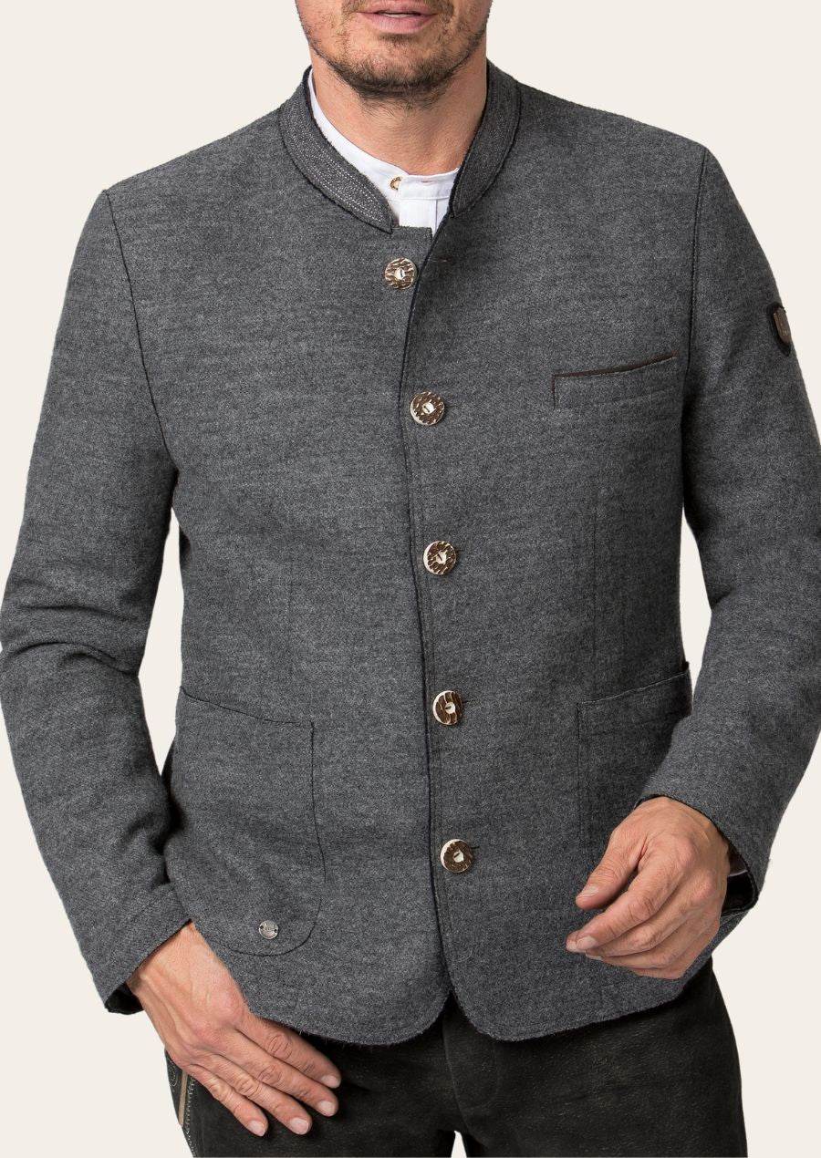 Men's gray button-front jacket with stand collar, chest welt pocket, and gold buttons