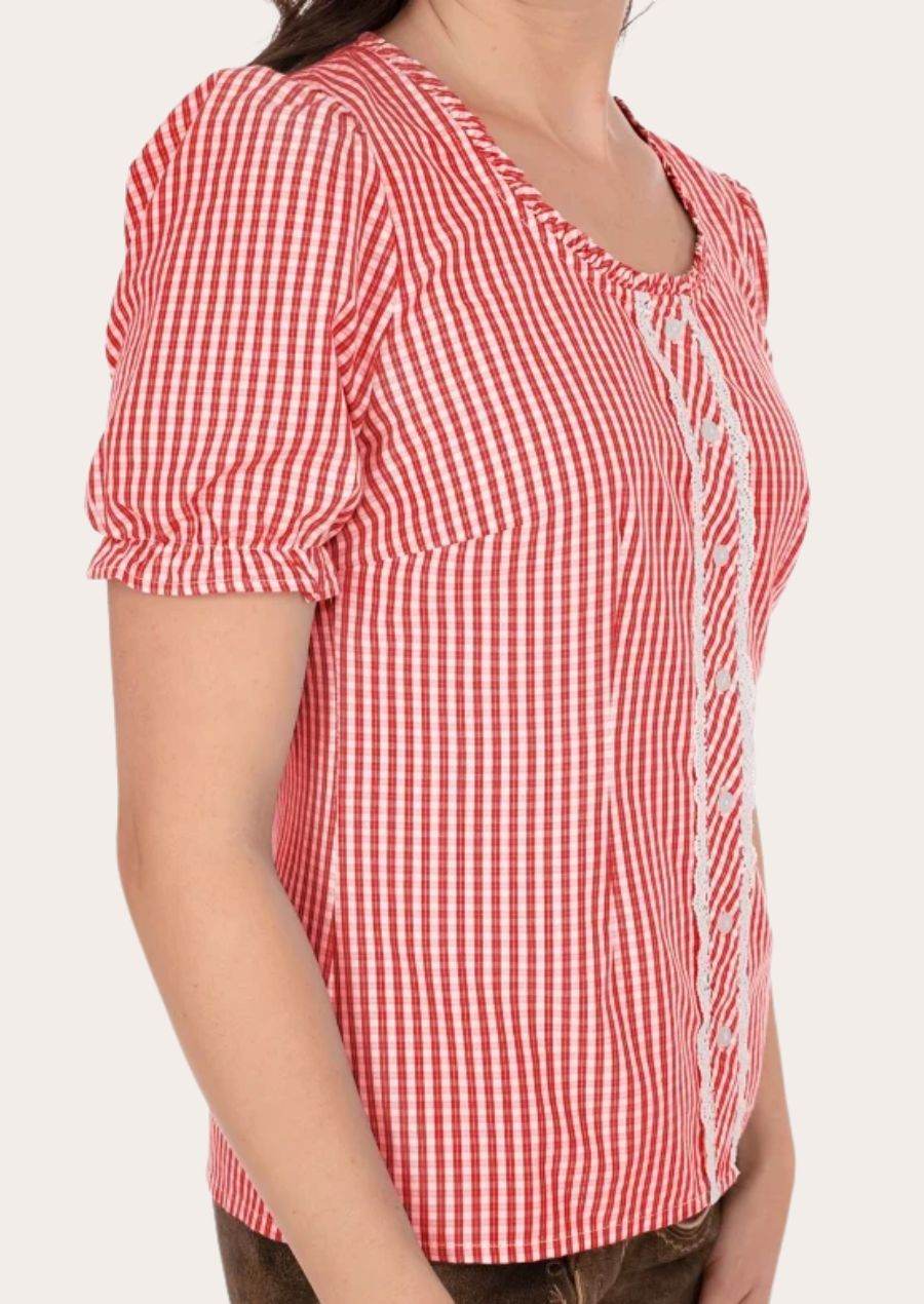 Women’s gingham shirt with short puff sleeves, vertical lace panel, curved hem