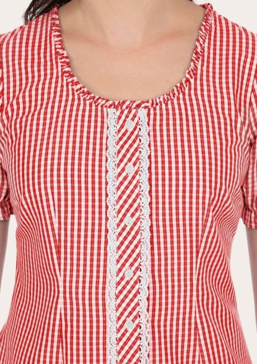 Women’s gingham shirt neckline with lace-trimmed button placket