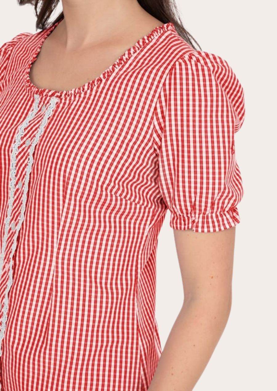 Women’s gingham shirt close-up with puff sleeves and vertical lace front panel