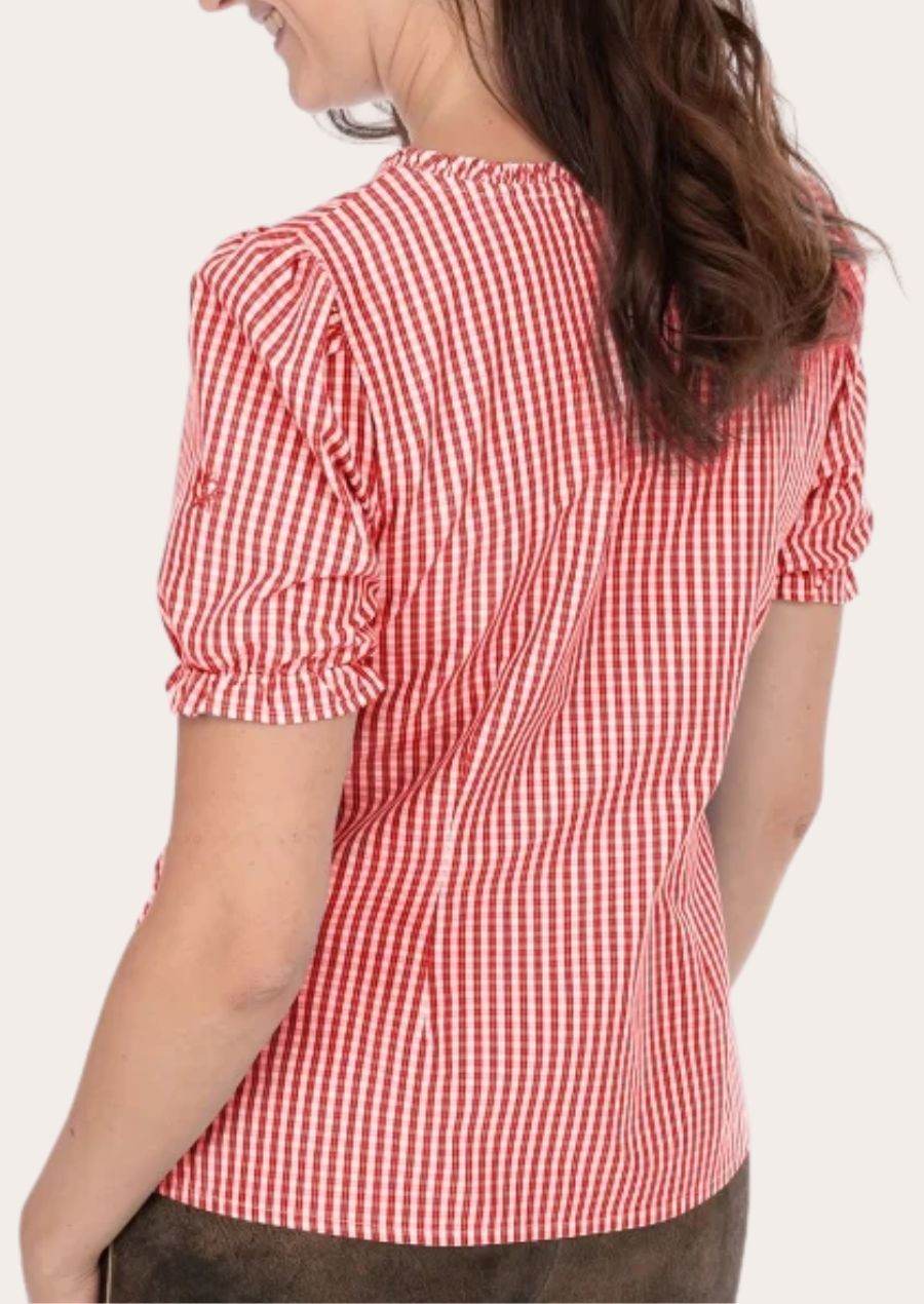 Women’s gingham shirt with short puff sleeves, gathered shoulder seams, lace trim