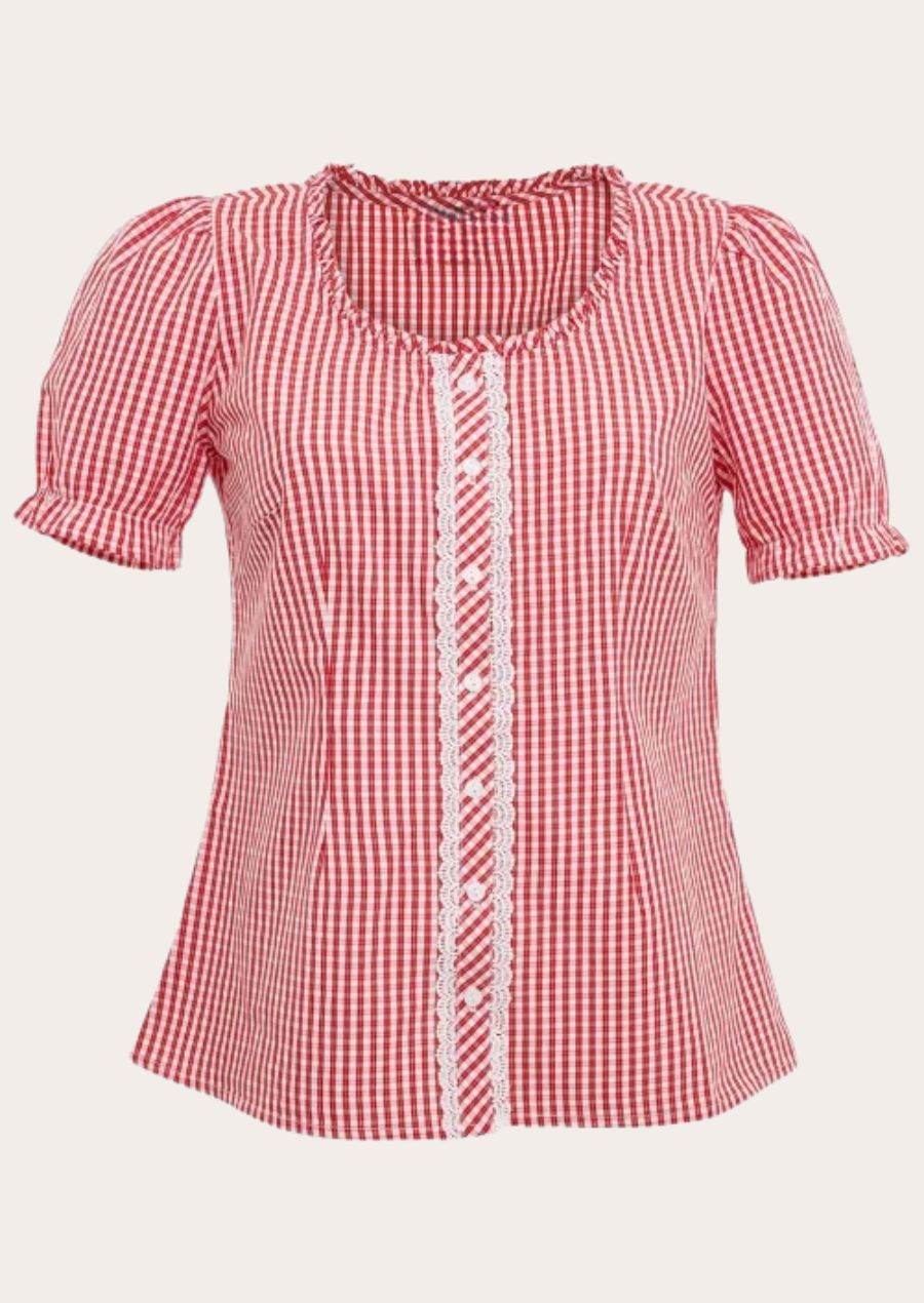 Women’s red-and-white gingham shirt with vertical lace trim and puff sleeves
