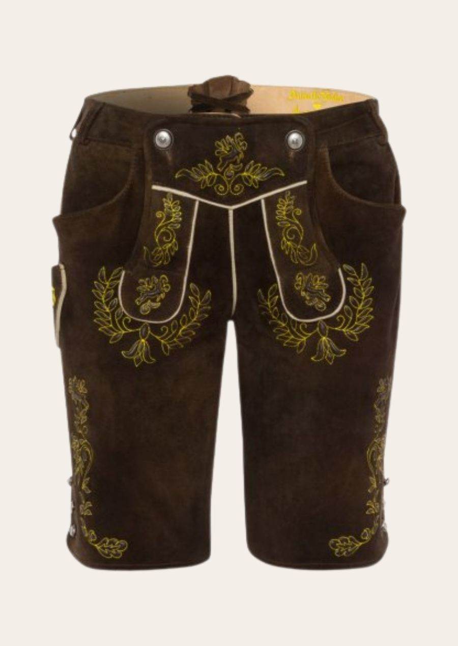 Women's dark brown traditional shorts with floral embroidery and front metal buttons