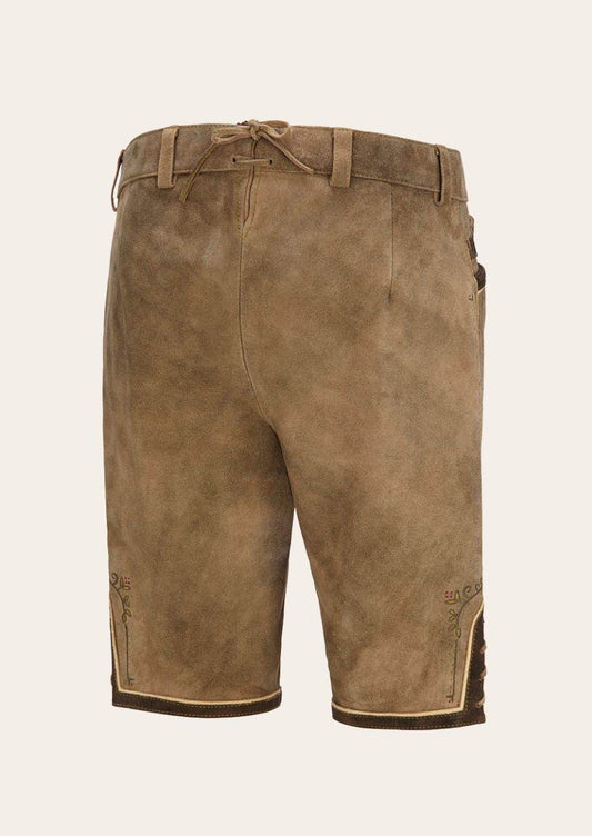 Brown suede knee-length lederhosen with belt loops and side embroidery