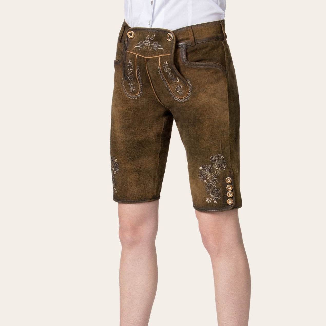 Brown lederhosen with suspenders, embroidered motifs, and metal button detail at thigh
