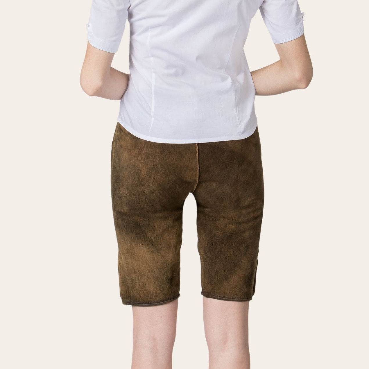 Brown leather lederhosen shorts with plain front and short cut legs