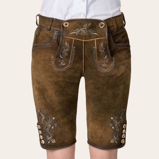 Brown suede-style lederhosen with suspenders, ornate embroidery, and metal button trim