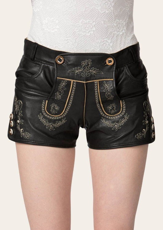 Women's black leather shorts with vertical embroidery panels and eyelet waistband