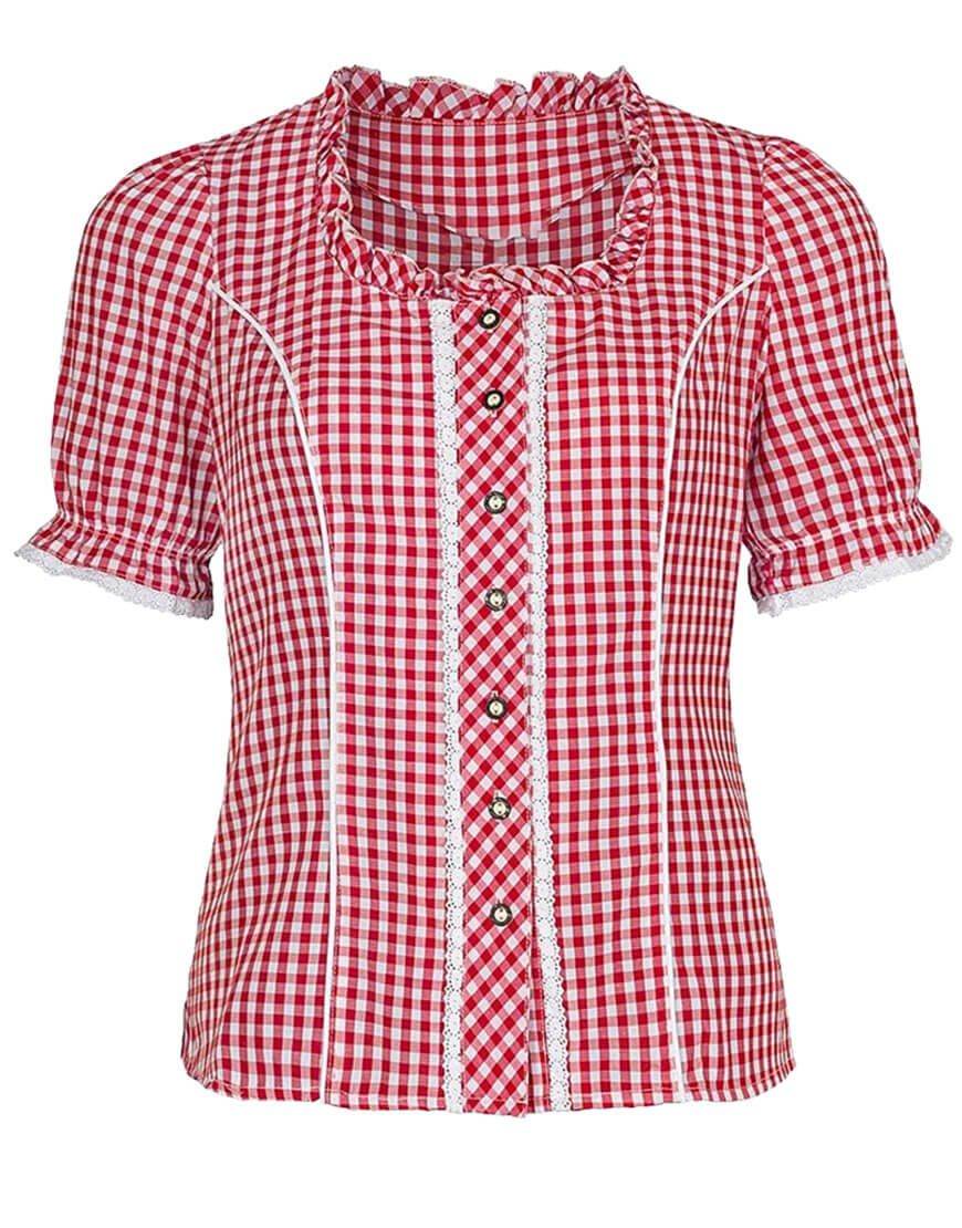 Women’s Oktoberfest shirt, red-and-white gingham, ruffled collar, front button placket