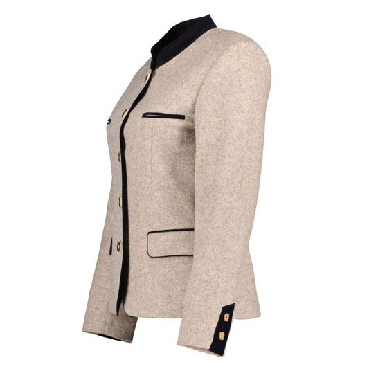 Beige women’s Oktoberfest blazer with black stand collar and cuffs, button front